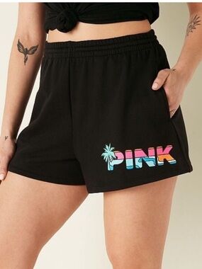 PINK Victoria's Secret Black Drawstring Lounge Shorts with Multicolor Logo